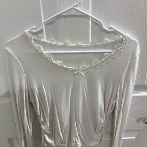 Cream Lace-Trim Long Sleeve Top